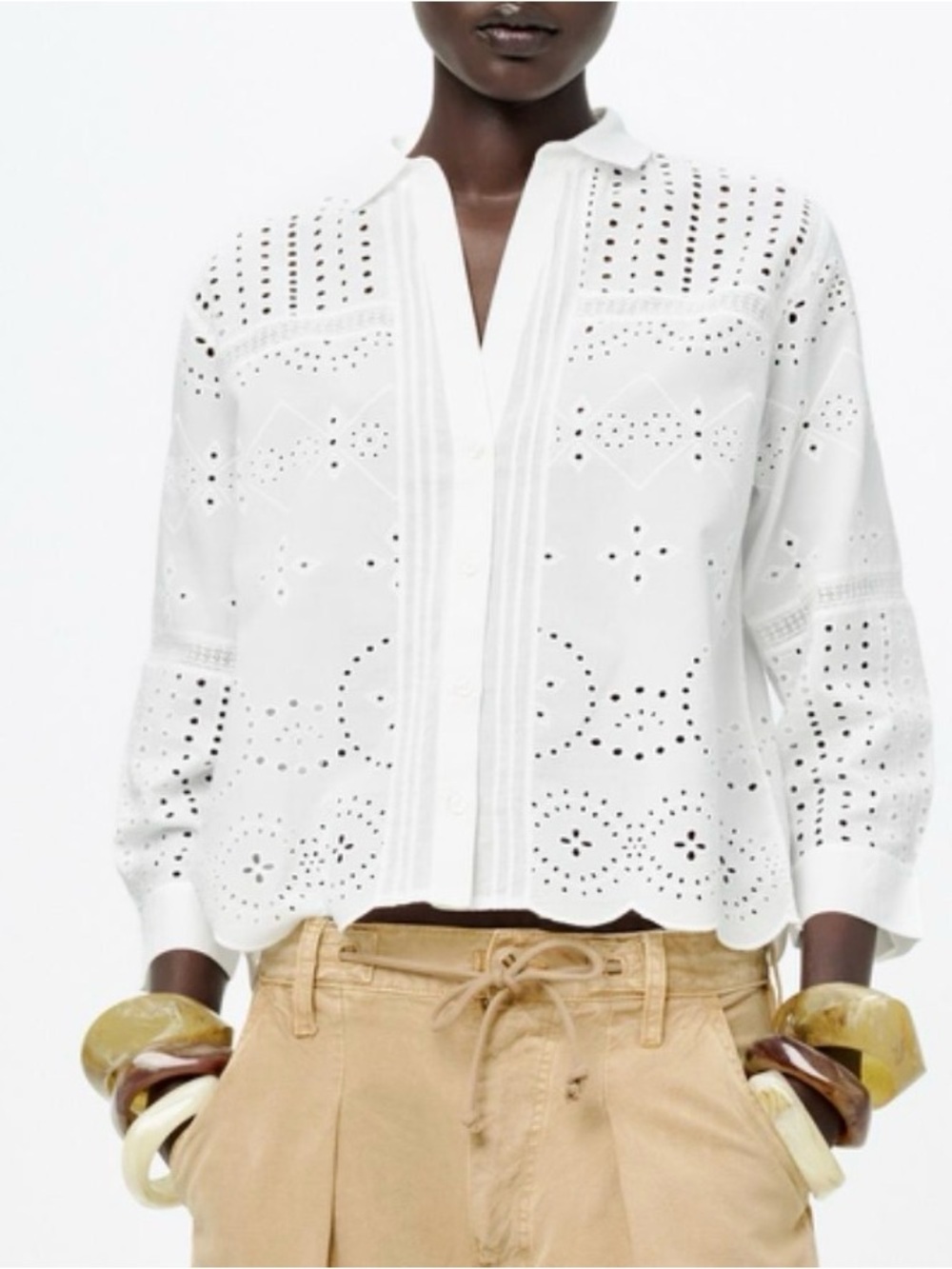 Zara White Eyelet Button-Up Top